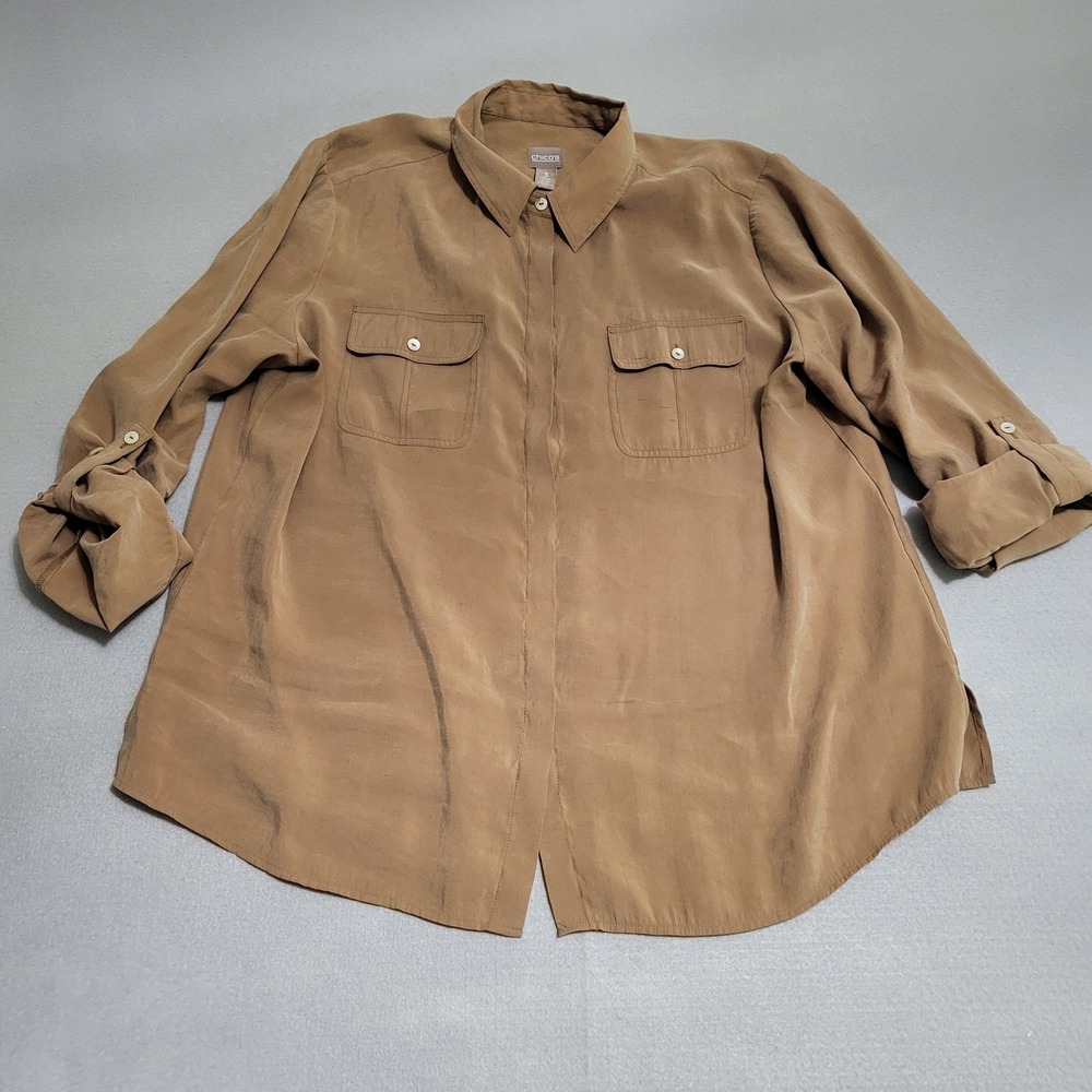 Chico's Long Sleeve Button Up Roll Up Tab Sleeves Khaki Blouse Women's Size 3 XL